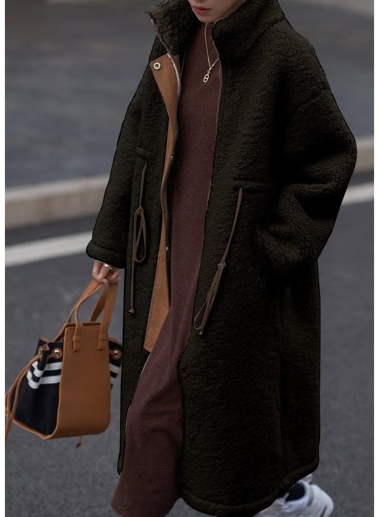 Barbora Plush Waist Laced Winter Women's Zippered Lined Furry Jacket WS02BLACK2 - Image 3